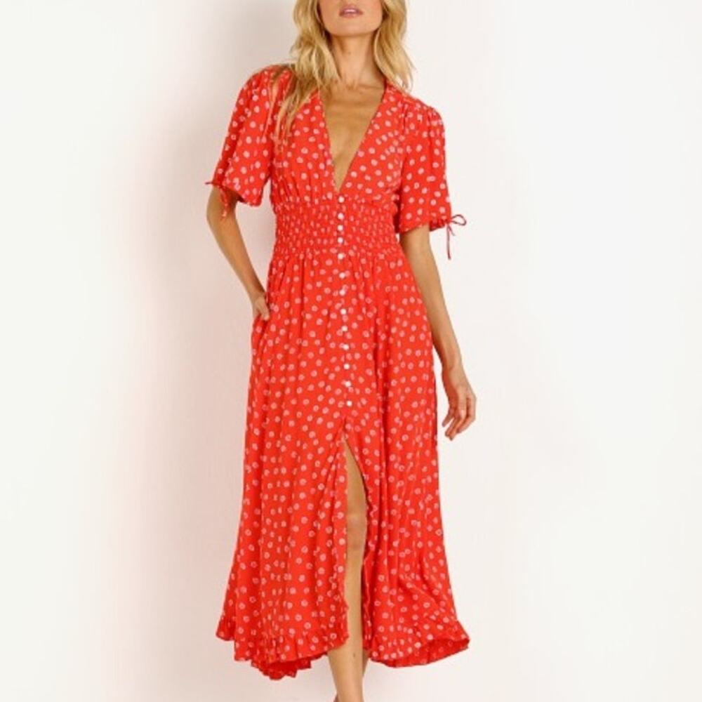 Cleobella Olivia Midi Dress Red Salsa Print Women Medium Feminine Smocked Waist